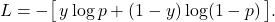 \[ L = -\bigl[\,y\log p + (1-y)\log(1-p)\,\bigr].\]