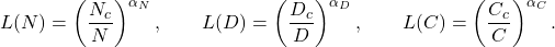 \[ L(N)=\left(\frac{N_c}{N}\right)^{\alpha_N},\qquad L(D)=\left(\frac{D_c}{D}\right)^{\alpha_D},\qquad L(C)=\left(\frac{C_c}{C}\right)^{\alpha_C}.\]