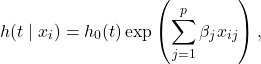 \[ h(t \mid x_i) = h_0(t) \exp\left(\sum_{j=1}^p \beta_j x_{ij}\right),\]