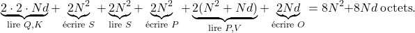 \[ \underbrace{2\cdot2\cdot Nd}_{\text{lire }Q,K}+\underbrace{2N^2}_{\text{&eacute;crire }S}+\underbrace{2N^2}_{\text{lire }S}+\underbrace{2N^2}_{\text{&eacute;crire }P}+\underbrace{2(N^2+Nd)}_{\text{lire }P,V}+\underbrace{2Nd}_{\text{&eacute;crire }O}=8N^2+8Nd\ \text{octets}.\]