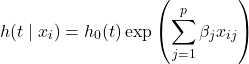 \[ h(t \mid x_i) = h_0(t) \exp\left(\sum_{j=1}^p \beta_j x_{ij}\right)\]