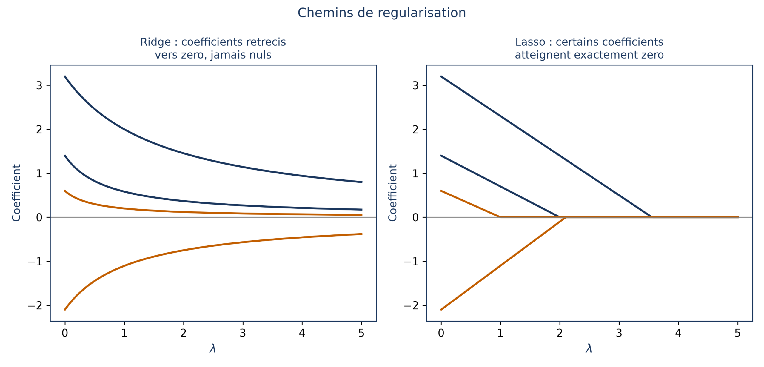Deux graphiques côte à côte : avec le ridge, les trois coefficients rétrécissent peu à peu vers zéro quand λ augmente sans jamais l'atteindre ; avec le lasso, ils tombent chacun exactement à zéro pour une valeur de λ différente