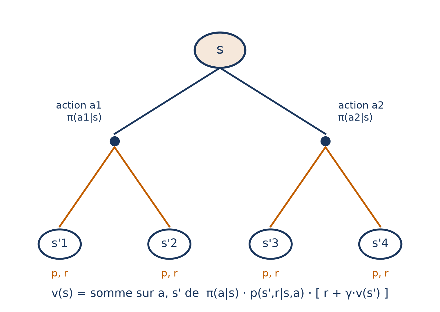 Un arbre : depuis un état s, deux actions pondérées par la politique, puis des états suivants avec leurs probabilités de transition et leurs récompenses ; la valeur de s est lue sous l'arbre