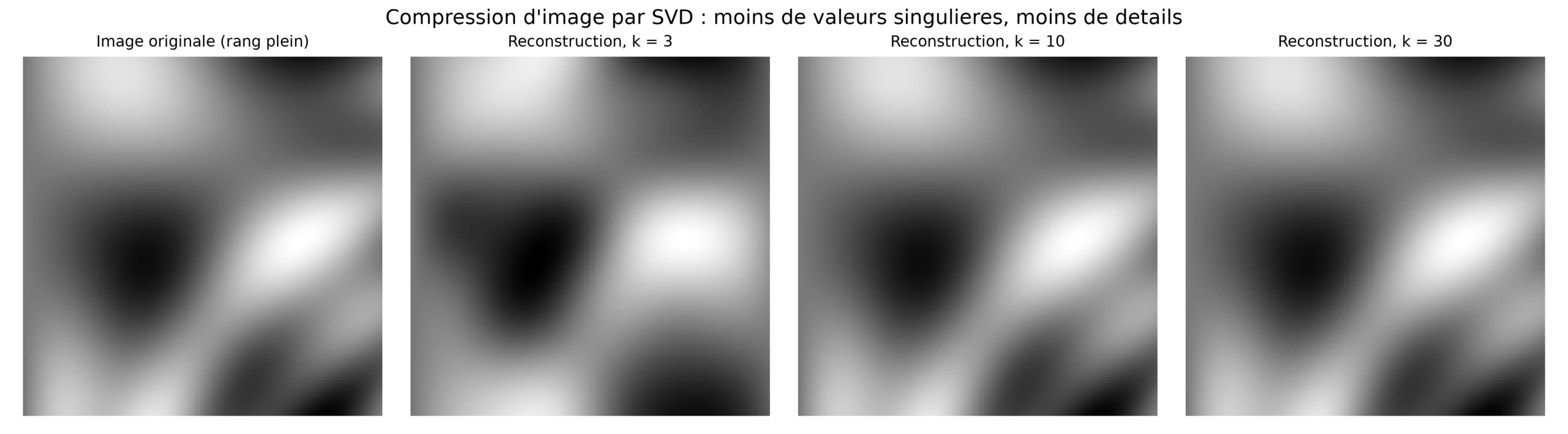 Une même forme abstraite en noir et blanc : l'image d'origine à rang plein, puis trois reconstructions avec 3, 10 et 30 valeurs singulières, de plus en plus nettes