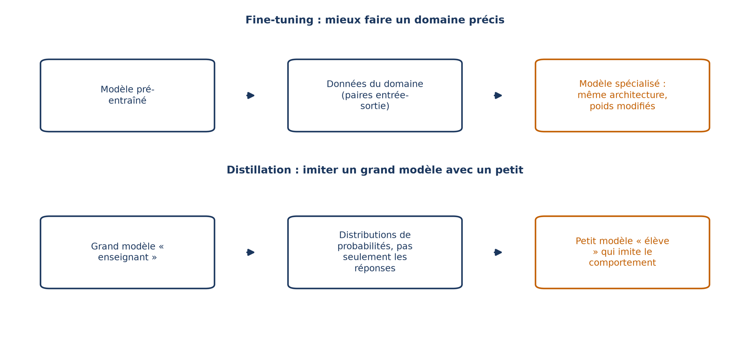 Deux rangées de blocs : le finetuning part d'un modèle préentraîné et de données du domaine pour produire un modèle spécialisé de même architecture aux poids modifiés ; la distillation transmet les probabilités d'un grand modèle à un petit