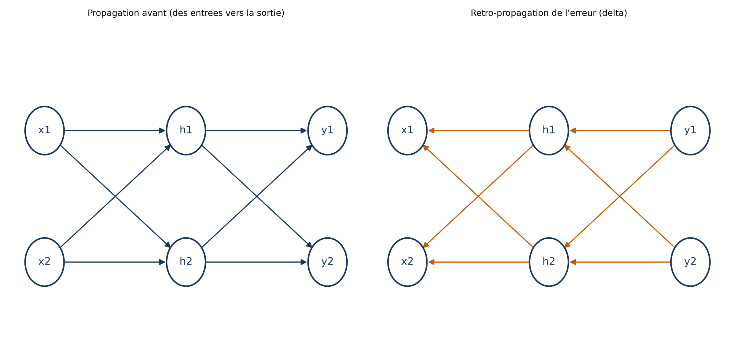 Un réseau à une couche cachée en deux panneaux : à gauche, flèches bleues de propagation avant des entrées vers la sortie ; à droite, flèches orange de rétropropagation de l'erreur delta de la sortie vers les entrées